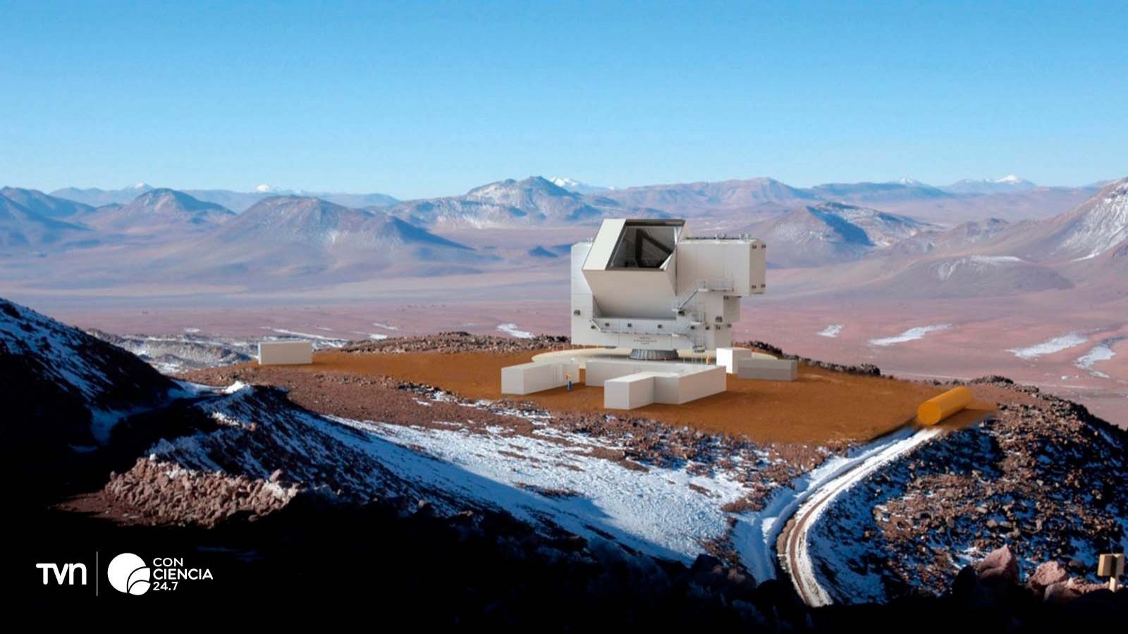 Imagen conceptual del Fred Young Submillimeter Telescope (FYST) instalado en la cima del cerro Chajnantor en Chile.