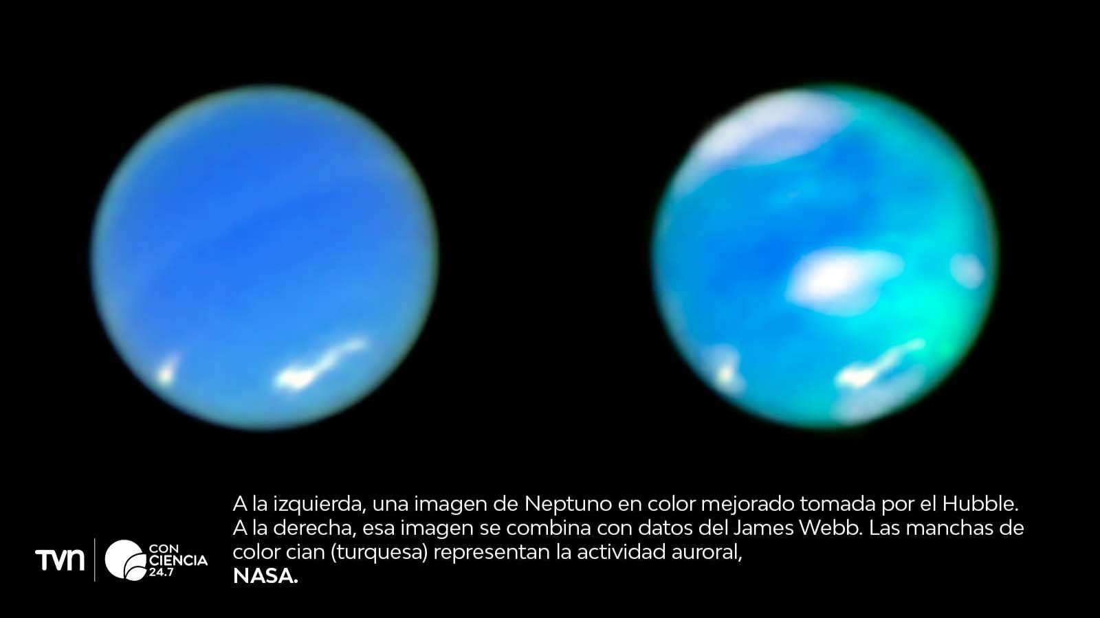 Imagen capturada por el telescopio James Webb que muestra una aurora en Neptuno por primera vez.