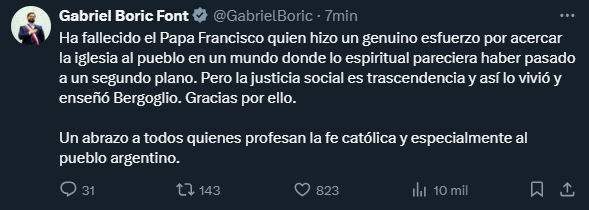 Mensaje de Gabriel Boric por la muerte del Papa Francisco