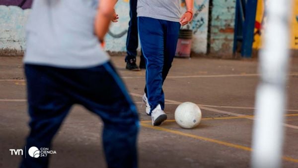 Niños haciendo actividad física en una escuela pública chilena durante una clase de educación física.