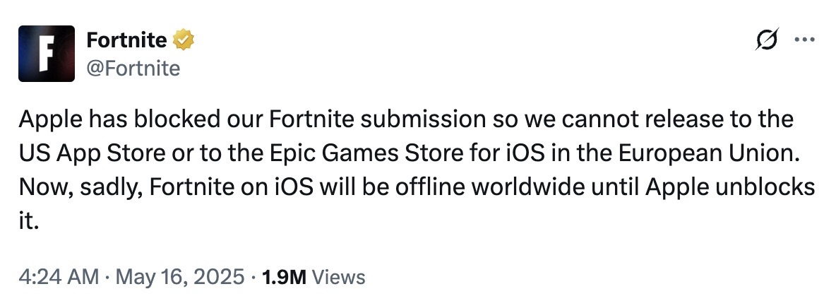 Tweet de Fortnite por bloqueo de Apple