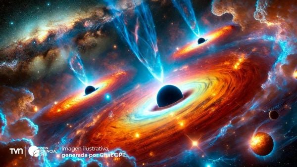 Ilustración de tres agujeros negros.