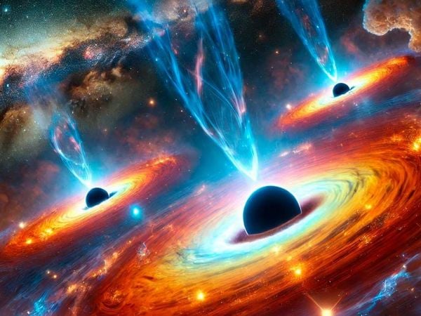 Ilustración de tres agujeros negros.