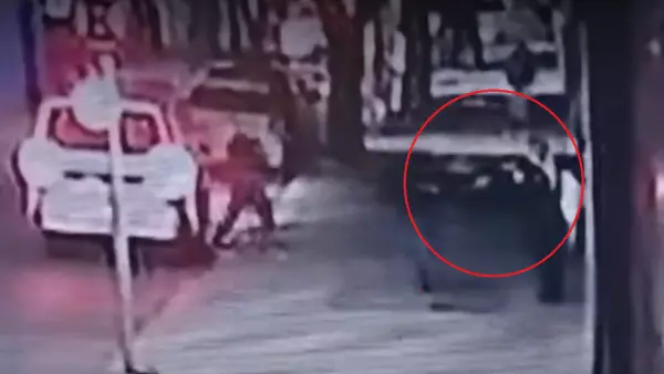 Delincuentes bajan de furgón blanco, rodean a mujer y la apuntan con arma