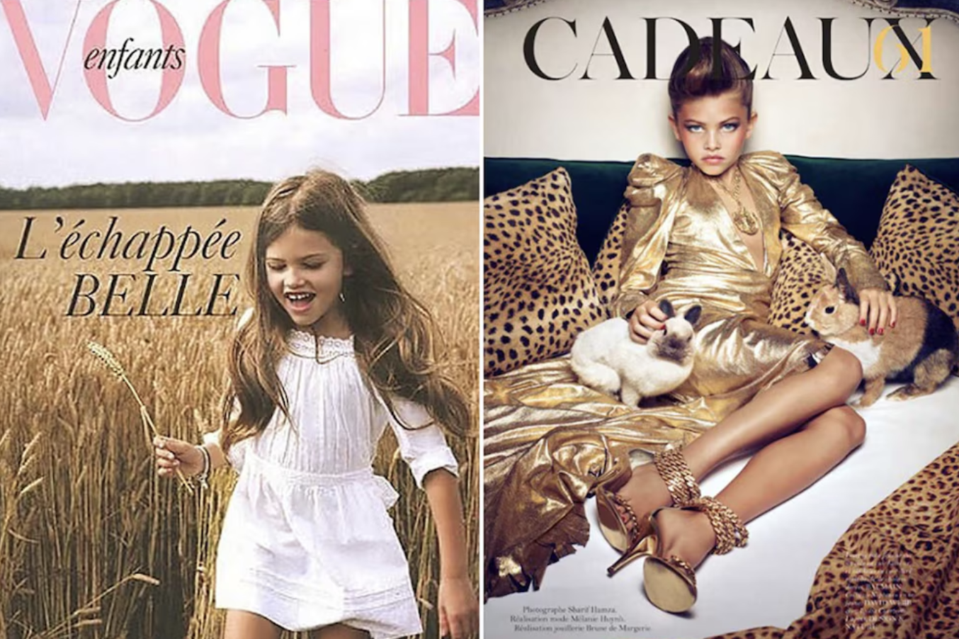 Portadas de revista Vogue y anuncio donde Thylane Blondeau aparece con un atuendo dorado, maquillaje intenso y tacones sobre una cama