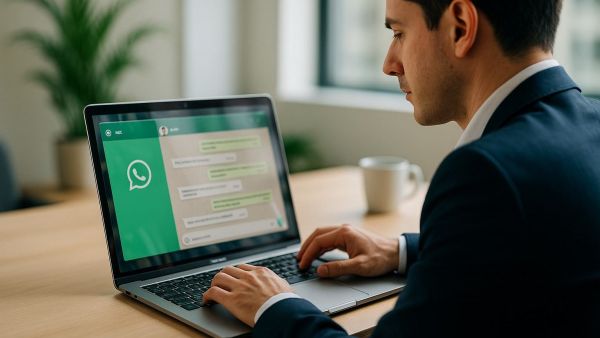 Trabajador usando WhatsApp Web en la oficina