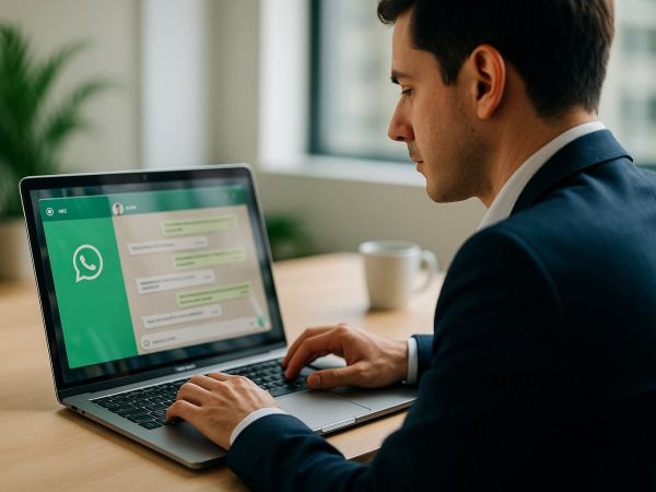 Trabajador usando WhatsApp Web en la oficina