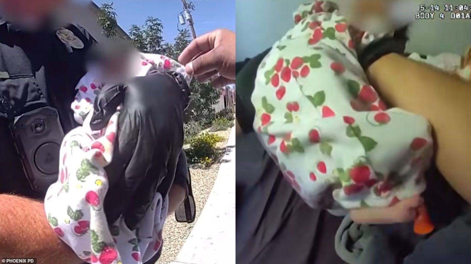 Bebé en brazos de un policía, captura de video