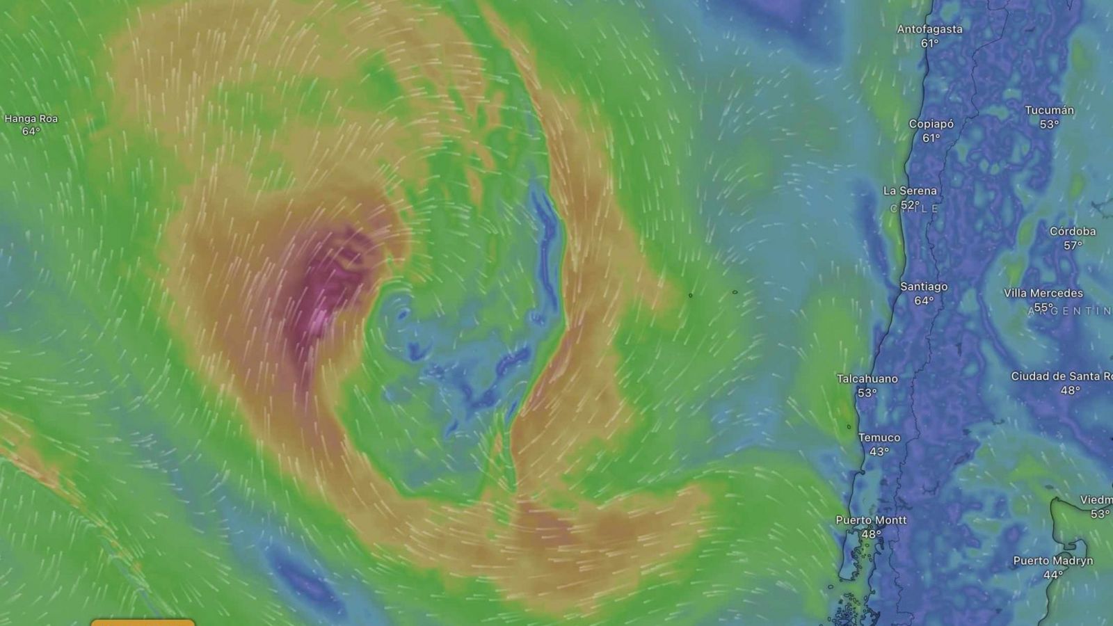 Ciclón extratropical y vientos en Windy