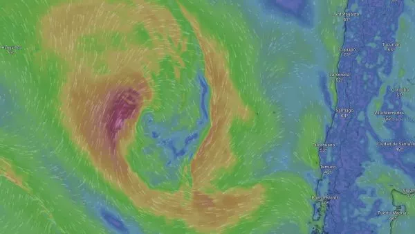 Ciclón extratropical y vientos en Windy