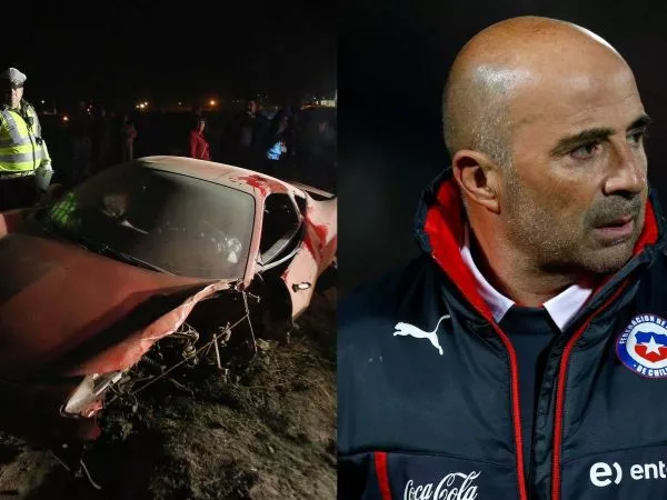El Ferrari accidentado de Arturo Vidal junto a una foto de Jorge Sampaoli