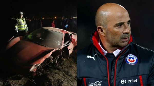 El Ferrari accidentado de Arturo Vidal junto a una foto de Jorge Sampaoli