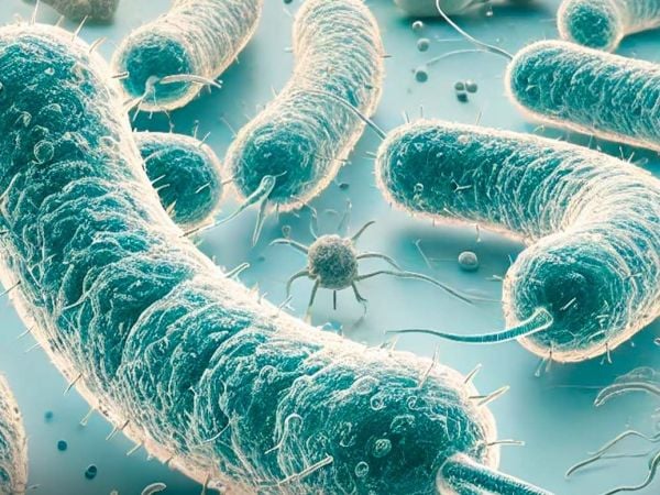 Ilustración científica de bacterias intestinales vinculadas a enfermedades cardiovasculares.