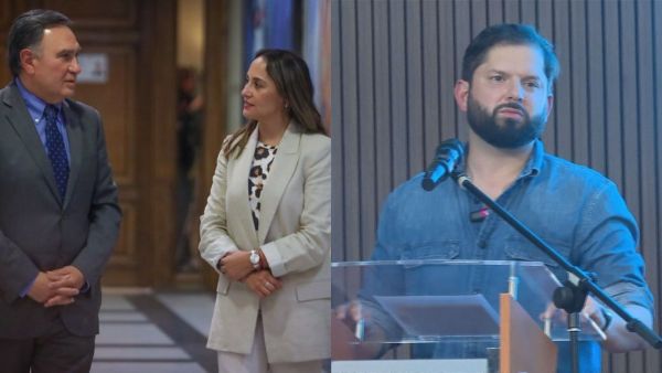 En la primera foto de izquierda a derecha se ve a Miguel Mellado y Carla Morales. En la segunda fotografía el Presidente Gabriel Boric en su discurso.