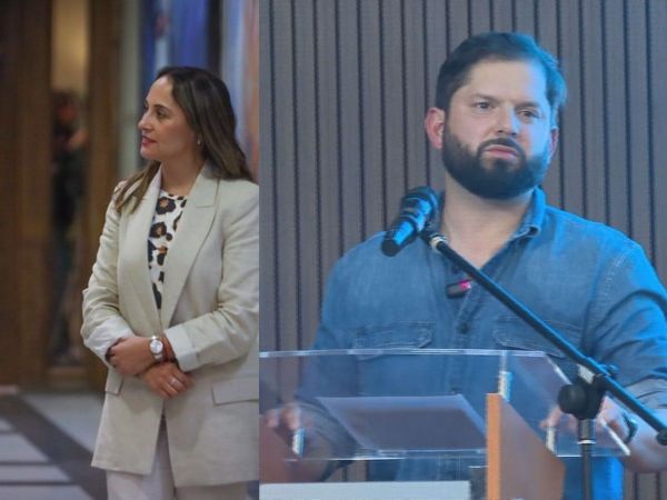 En la primera foto de izquierda a derecha se ve a Miguel Mellado y Carla Morales. En la segunda fotografía el Presidente Gabriel Boric en su discurso.