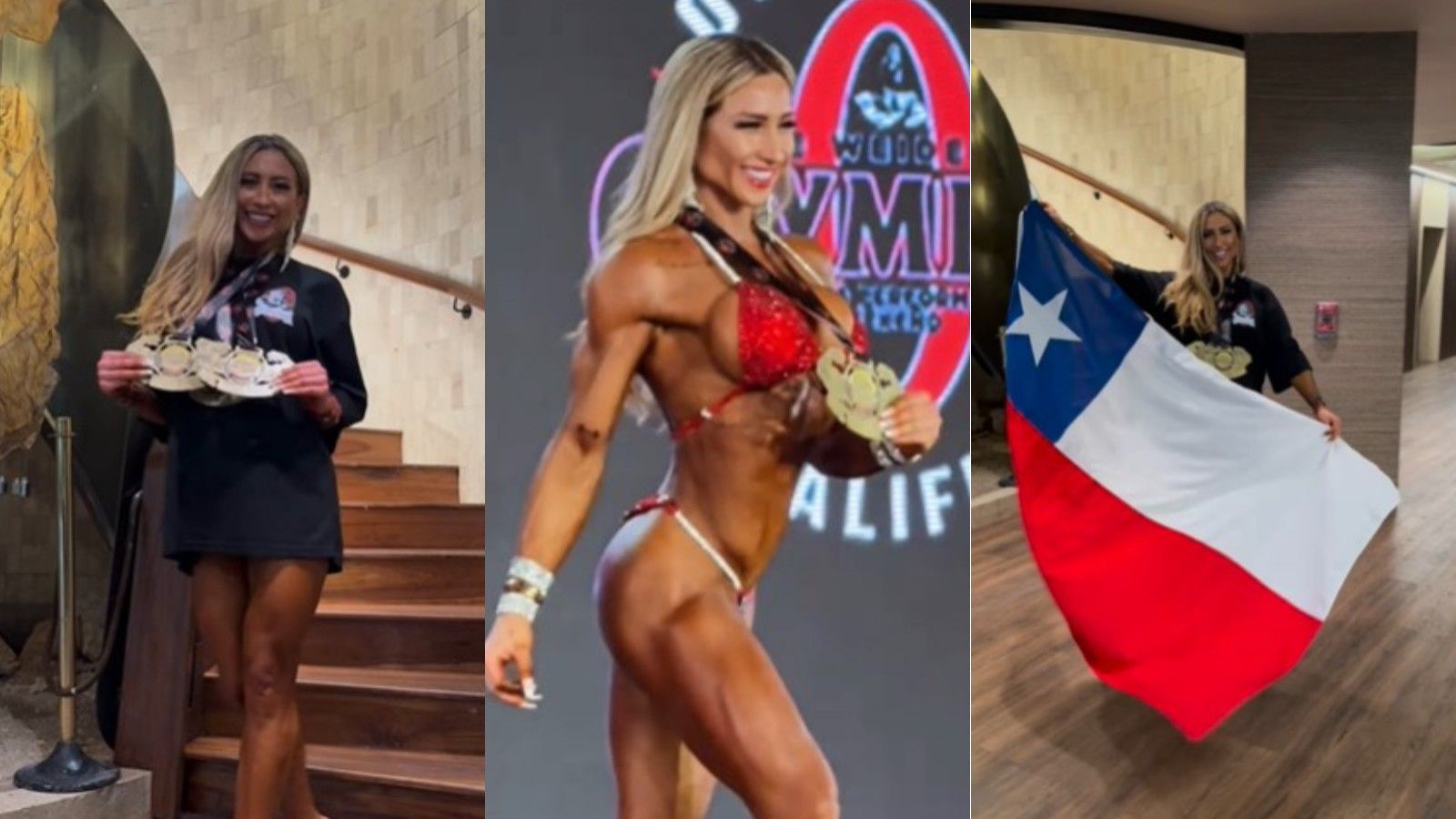 Luli mostrando medallas, bandera de Chile y su bikini en medio de la competencia.