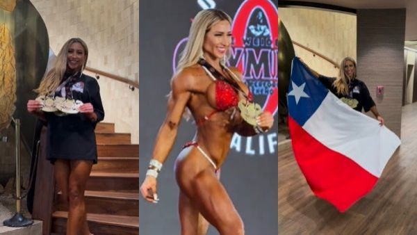 Luli mostrando medallas, bandera de Chile y su bikini en medio de la competencia.