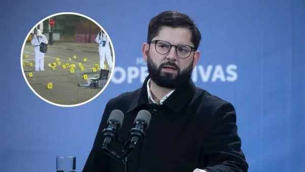 Presidente Gabriel Boric junto a foto de balacera en La Granja.