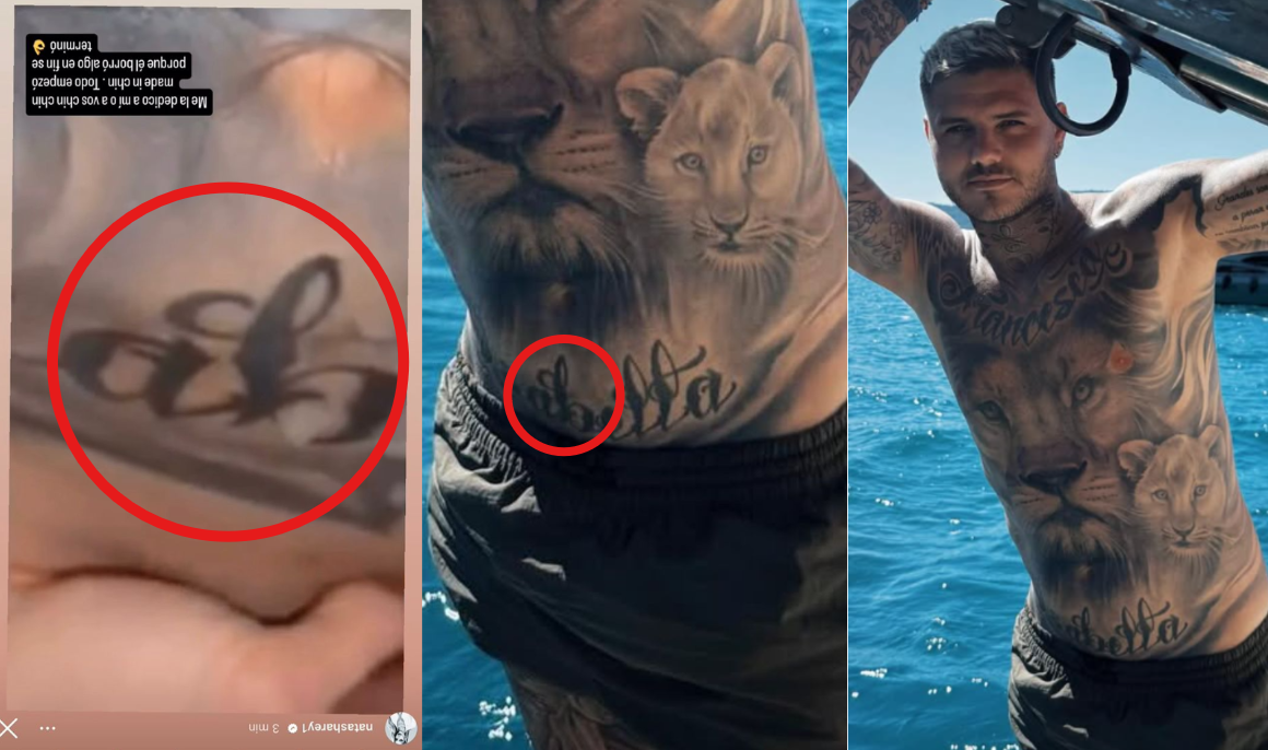 Pantallazo del video sexual comparado con tatuaje de Mauro Icardi que dice "Isabella" y 
