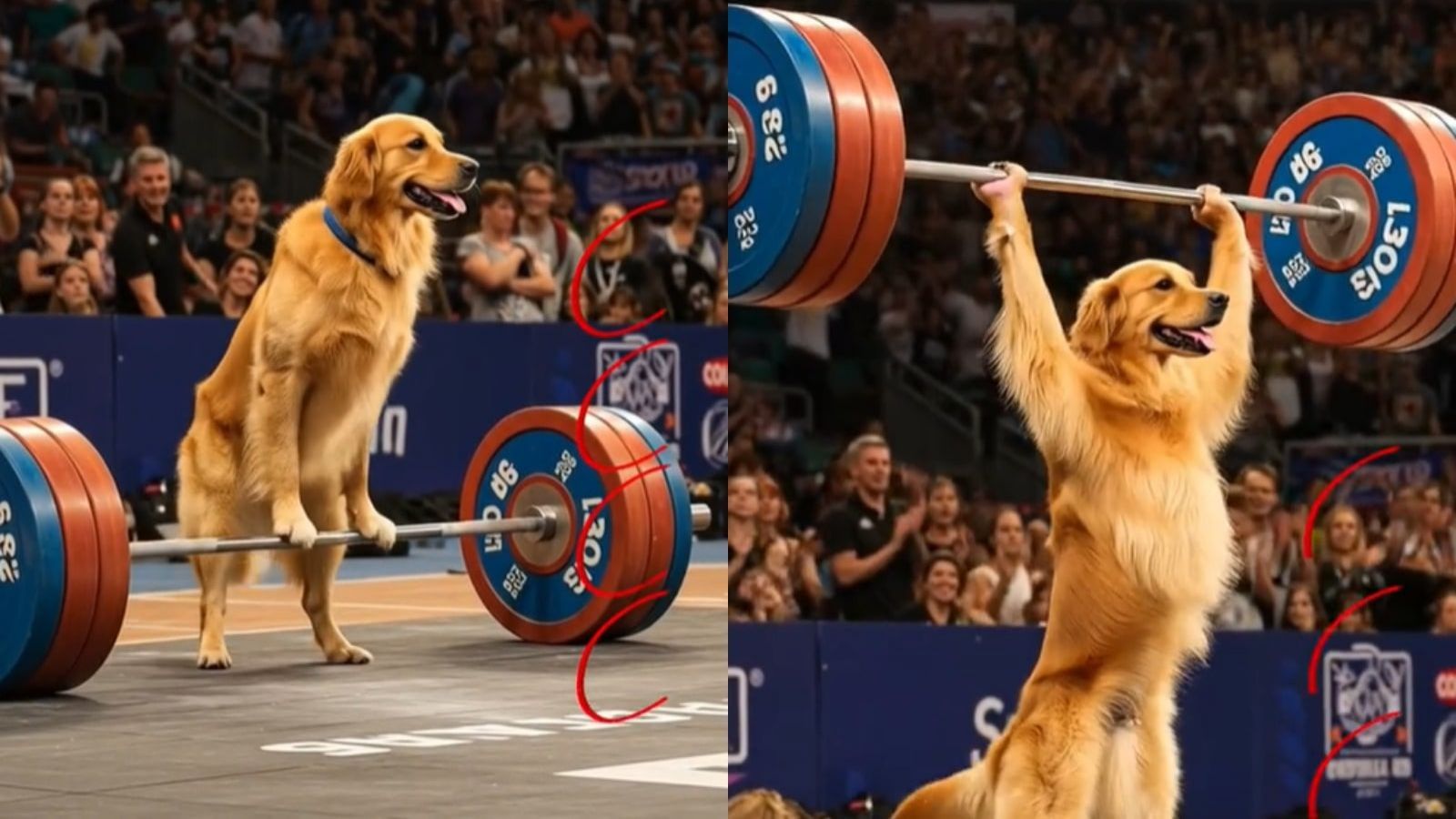 Imagen generada por IA de un perro golden retriever levantando una pesa