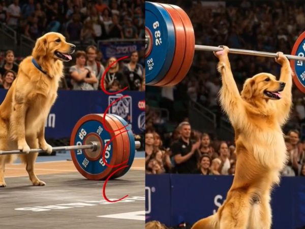 Imagen generada por IA de un perro golden retriever levantando una pesa
