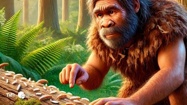 Representación artística de neandertales recolectando carne en descomposición con larvas en un entorno prehistórico.