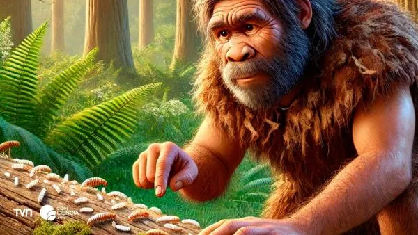 Representación artística de neandertales recolectando carne en descomposición con larvas en un entorno prehistórico.