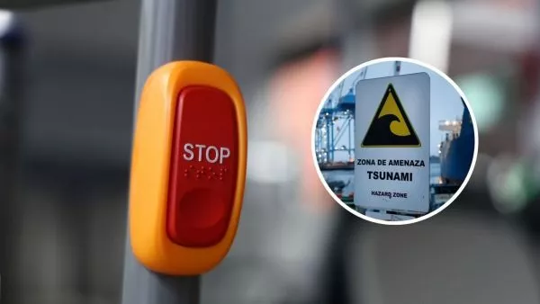 timbre de transporte público junto a cartel de tsunami