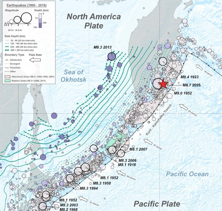 Registro de terremotos en la zona de Kamchatka