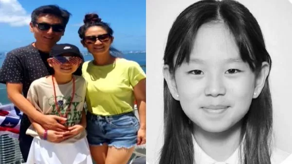 Dúplex de unos padres abrazando a su hija y la foto de una niña en blanco y negro