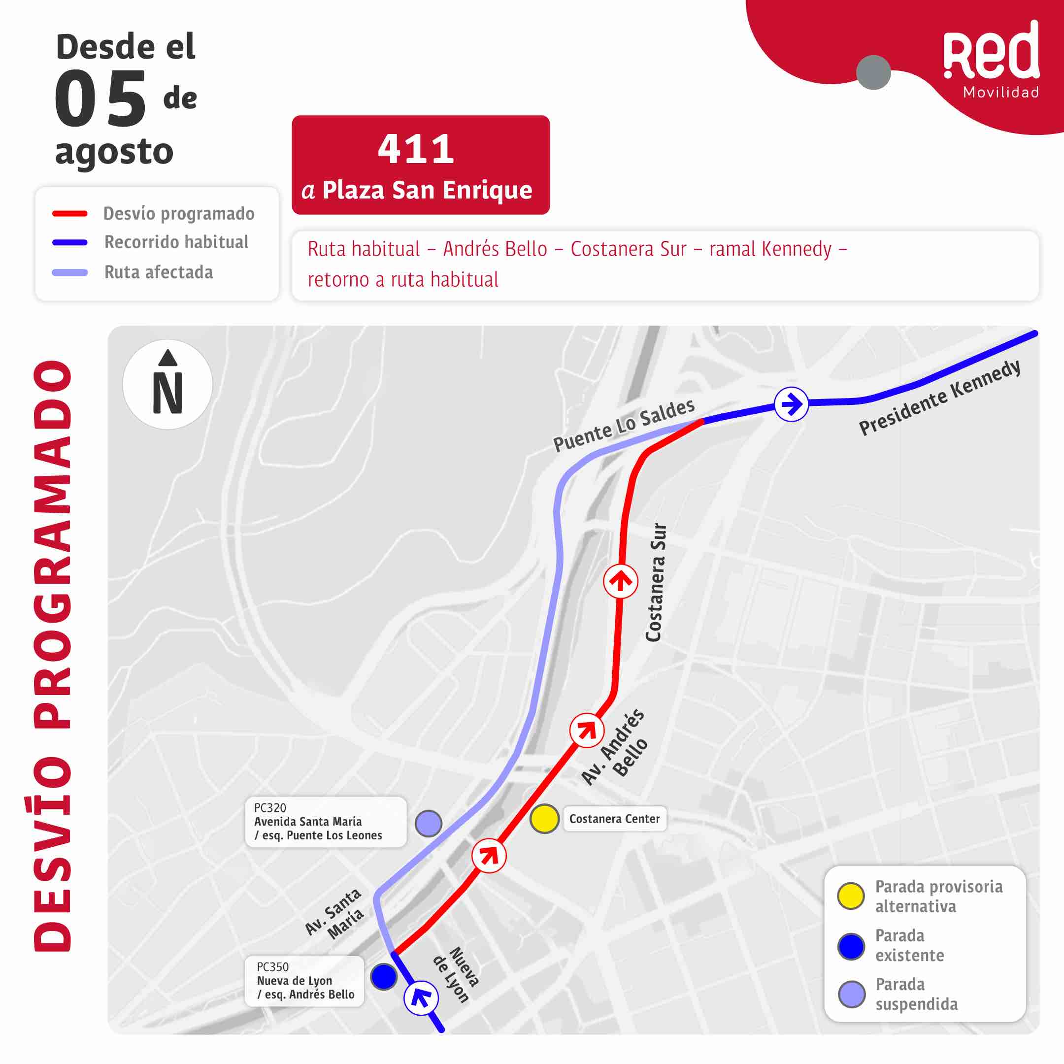 Recorrido afectado 411 hacia Plaza San Enrique