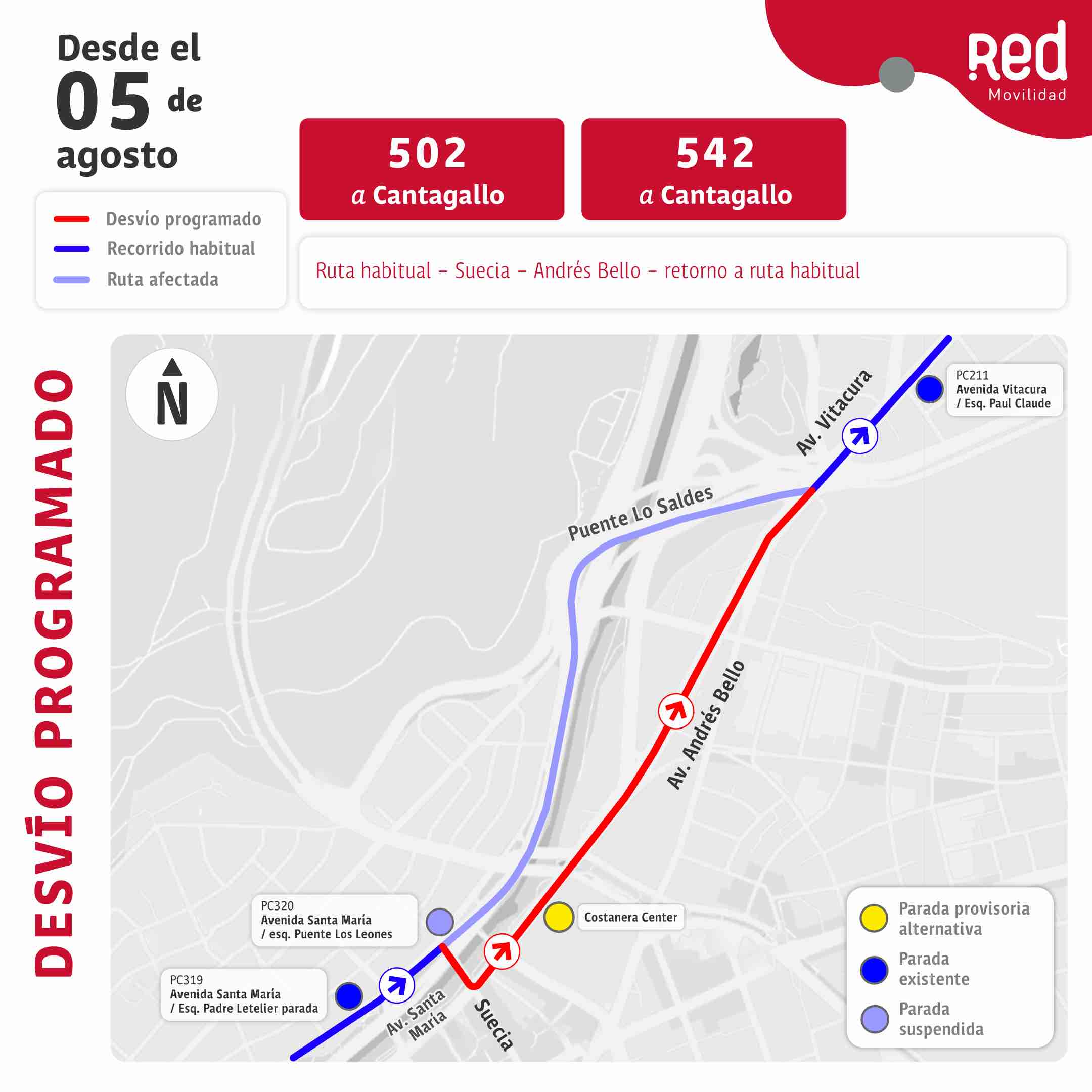 Recorridos afectados 502 – 542 hacia Cantagallo