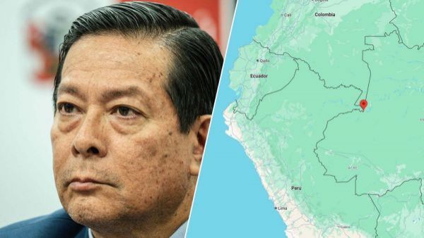 Ministro peruano y mapa de Perú u Colombia