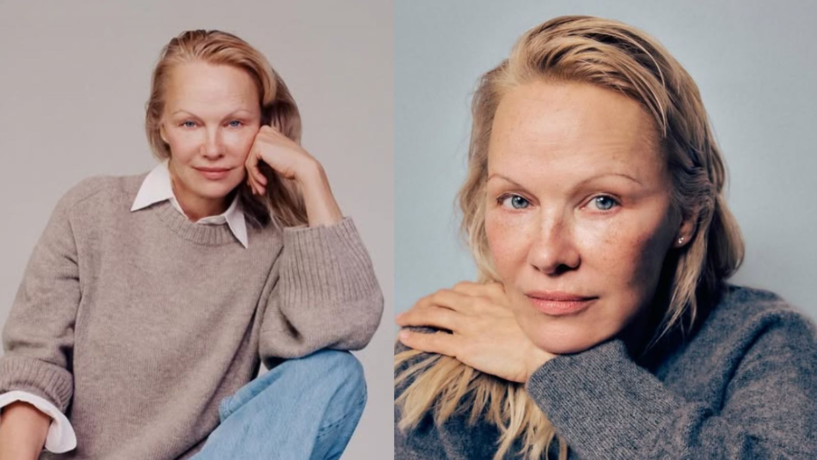 Pamela Anderson sentada vistiendo un chaleco de color café claro, con cuello de camisa y jeans azules. Su pelo suelto y apoyando su rostro sobre su mano.