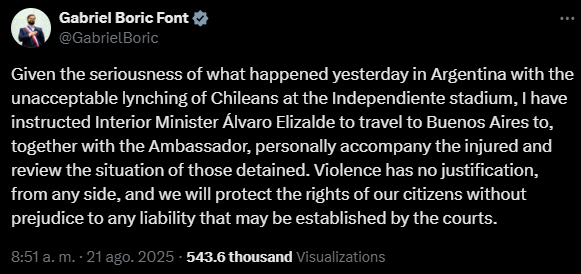 Gabriel Boric's message on X