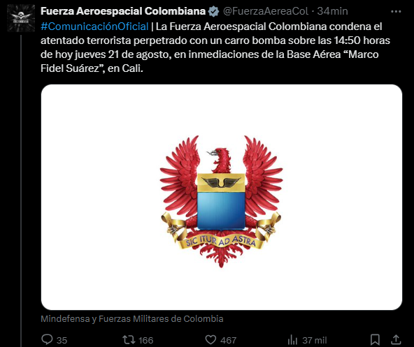 Fuerza aeroespacial colombiana, mensaje en X