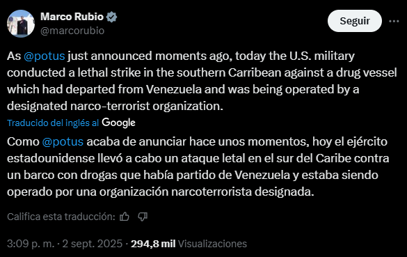 Mensaje de Marco Rubio en X