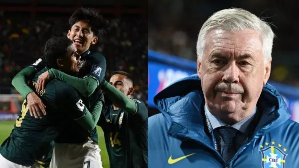Plantel de Bolivia festejando el gol que los clasificó al repechaje del Mundial 2026 y Carlo Ancelotti disconforme por el desempeño del árbitro chileno Cristián Garay