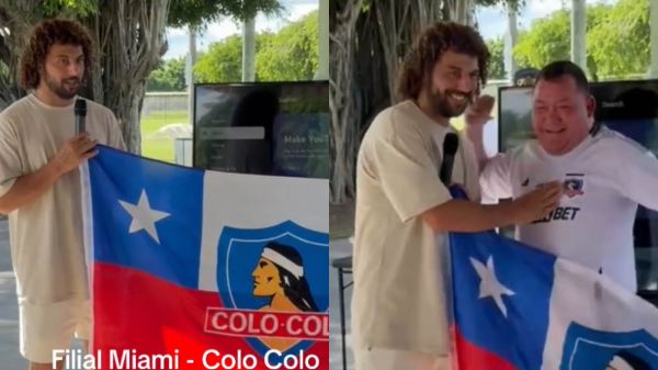 Maximiliano Falcón celebrando el 18 de septiembre junto a hinchas de Colo Colo en Miami.