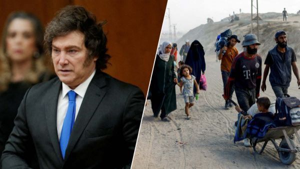 Javier Milei y una imagen de la Franja de Gaza