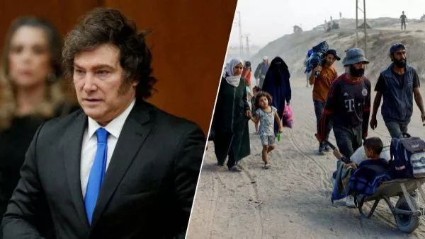 Javier Milei y una imagen de la Franja de Gaza
