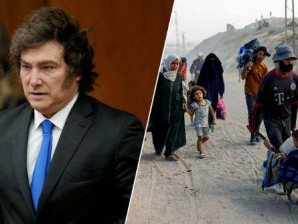 Javier Milei y una imagen de la Franja de Gaza