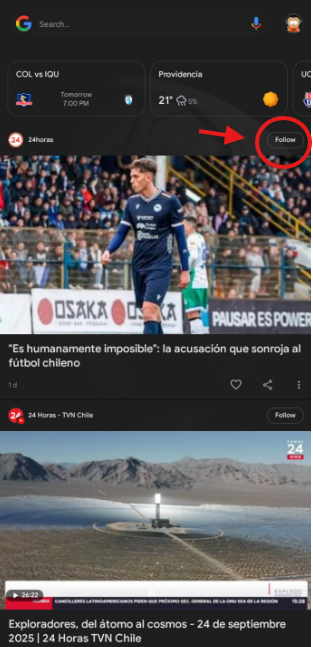 Seguir a 24horas.cl en Google Discover