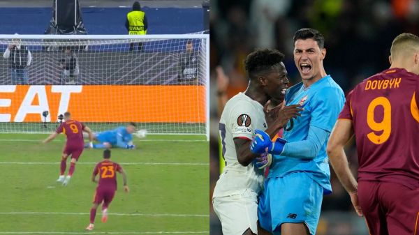 Berke Özer celebrando tras atajar tres penales seguidos ante la Roma en Europa League