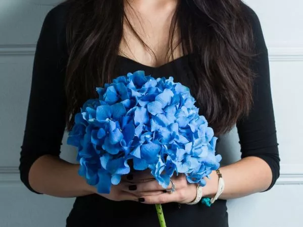 Manos de mujer con un ramo de flores azules.
