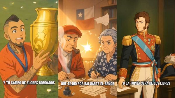 Dibujos tipo animé de Arturo Vidal, Pablo Neruda, Gabriela Mistral y Bernardo O'Higgins.