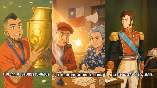 Dibujos tipo animé de Arturo Vidal, Pablo Neruda, Gabriela Mistral y Bernardo O'Higgins.