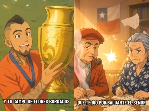 Dibujos tipo animé de Arturo Vidal, Pablo Neruda, Gabriela Mistral y Bernardo O'Higgins.