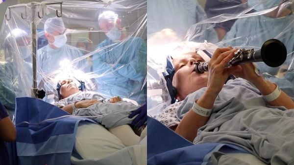 Mujer con Parkinson toca el clarinete mientras la operan