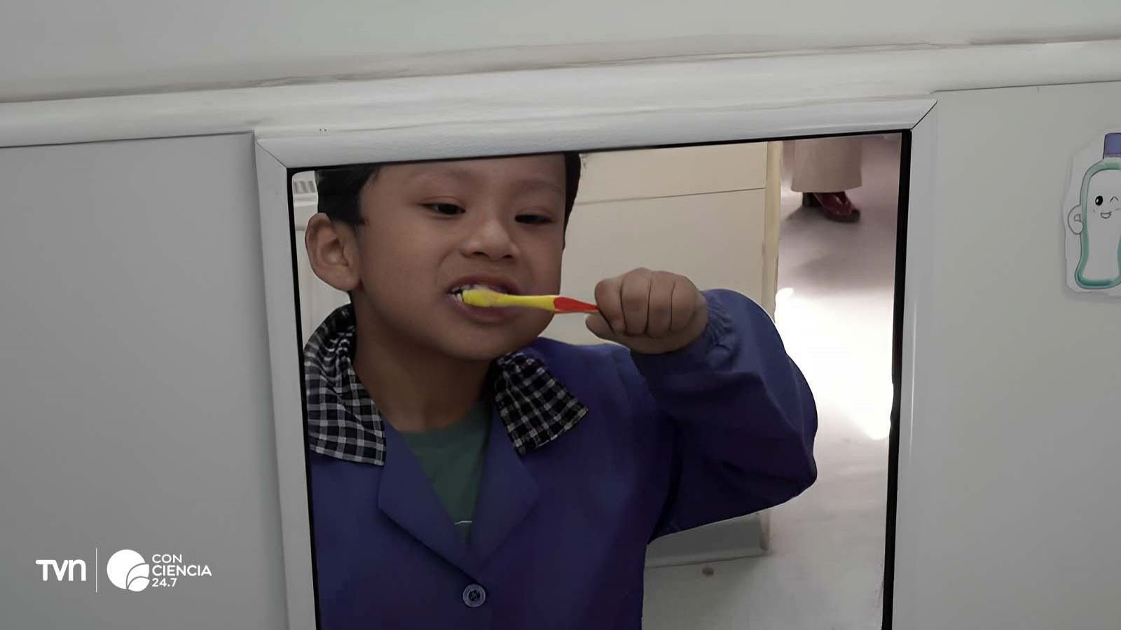 Niño del programa "Sembrando Sonrisas" cepillándose los dientes.